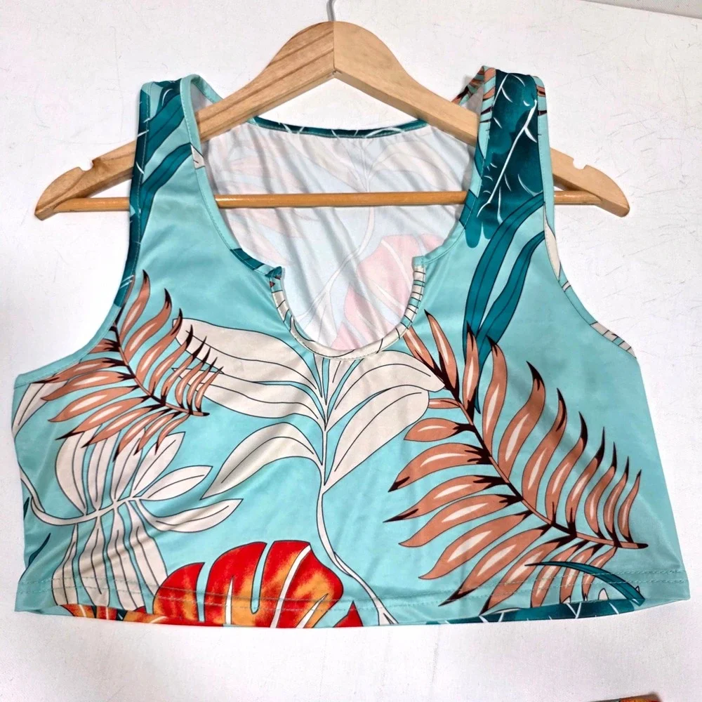 Xinyubaby 2 Piece Skirt Set Womens XXL Teal Tropical Palm Leaf Crop Top Skirt